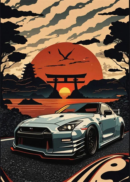 Retro Car & Japanese Culture Canvas Wall Art