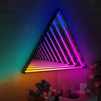 Triangular Custom Infinity LED Mirror wall sign with blue, pink, and orange 3D architectural light tunnel effect.