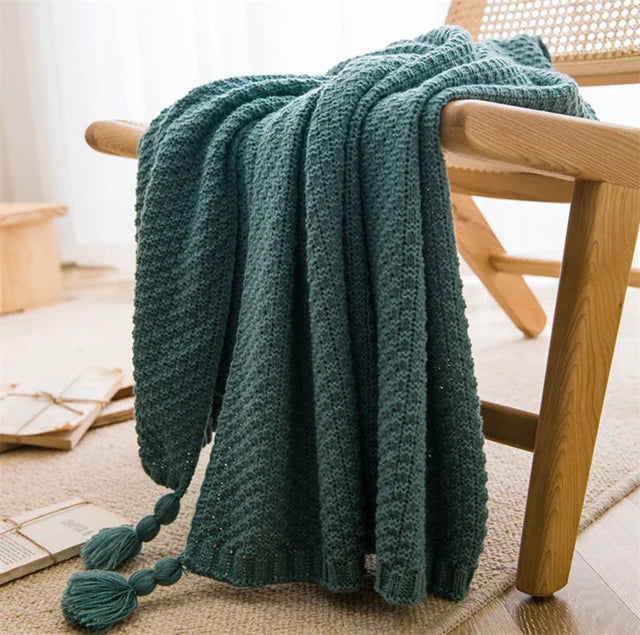 Waffle Embossed Knit Chunky Throw Blanket with Tassels