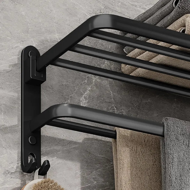 Matte Black Folding Towel Holder With Hooks [50cm]