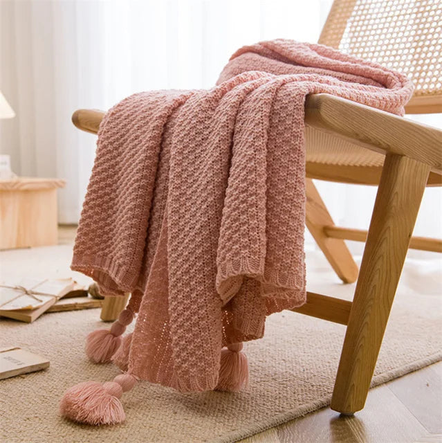 Waffle Embossed Knit Chunky Throw Blanket with Tassels