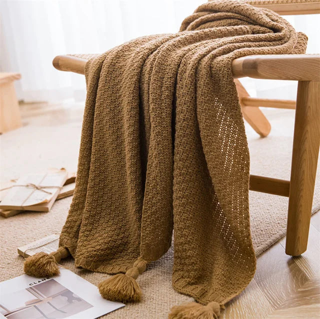 Waffle Embossed Knit Chunky Throw Blanket with Tassels