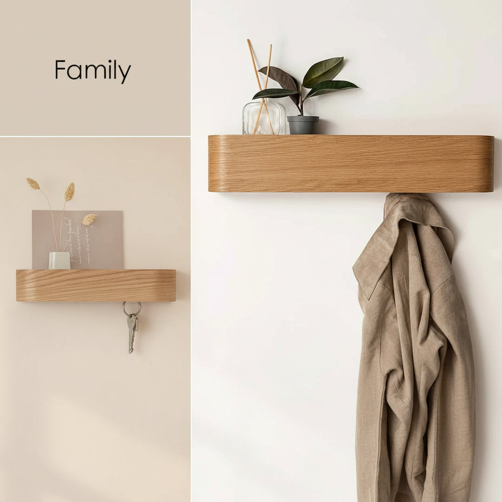 Modern Wall Coat Rack with Hidden Hooks & Shelf. Space-Saving, Solid Wood &