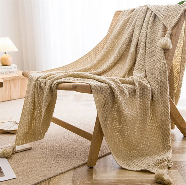 Waffle Embossed Knit Chunky Throw Blanket with Tassels