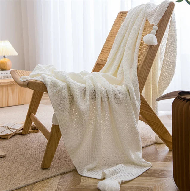 Waffle Embossed Knit Chunky Throw Blanket with Tassels