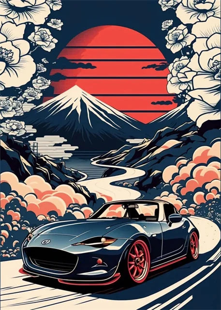 Retro Car & Japanese Culture Canvas Wall Art