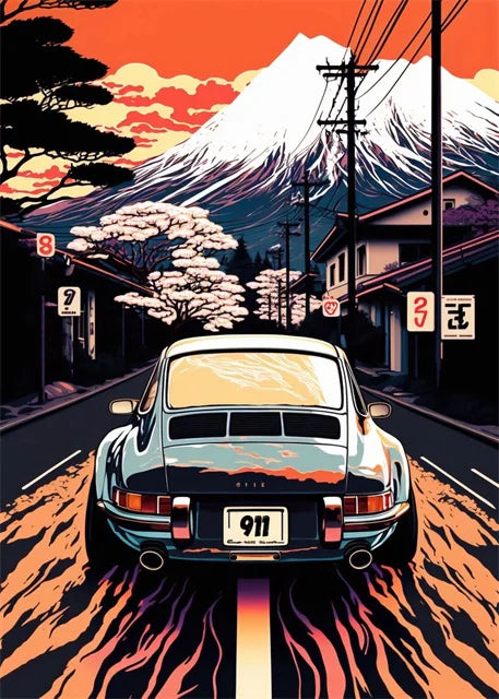 Retro Car & Japanese Culture Canvas Wall Art