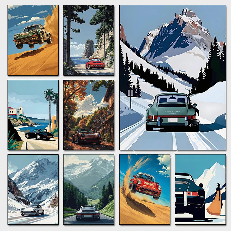 Classic Porsche 911 Alpine Scenery Art Canvas Prints