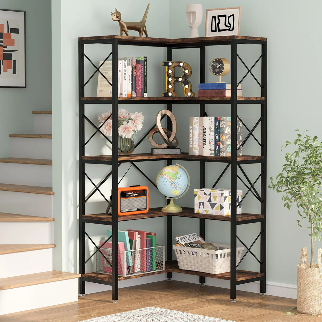 Modern Industrial 5-Tier Corner Bookcase