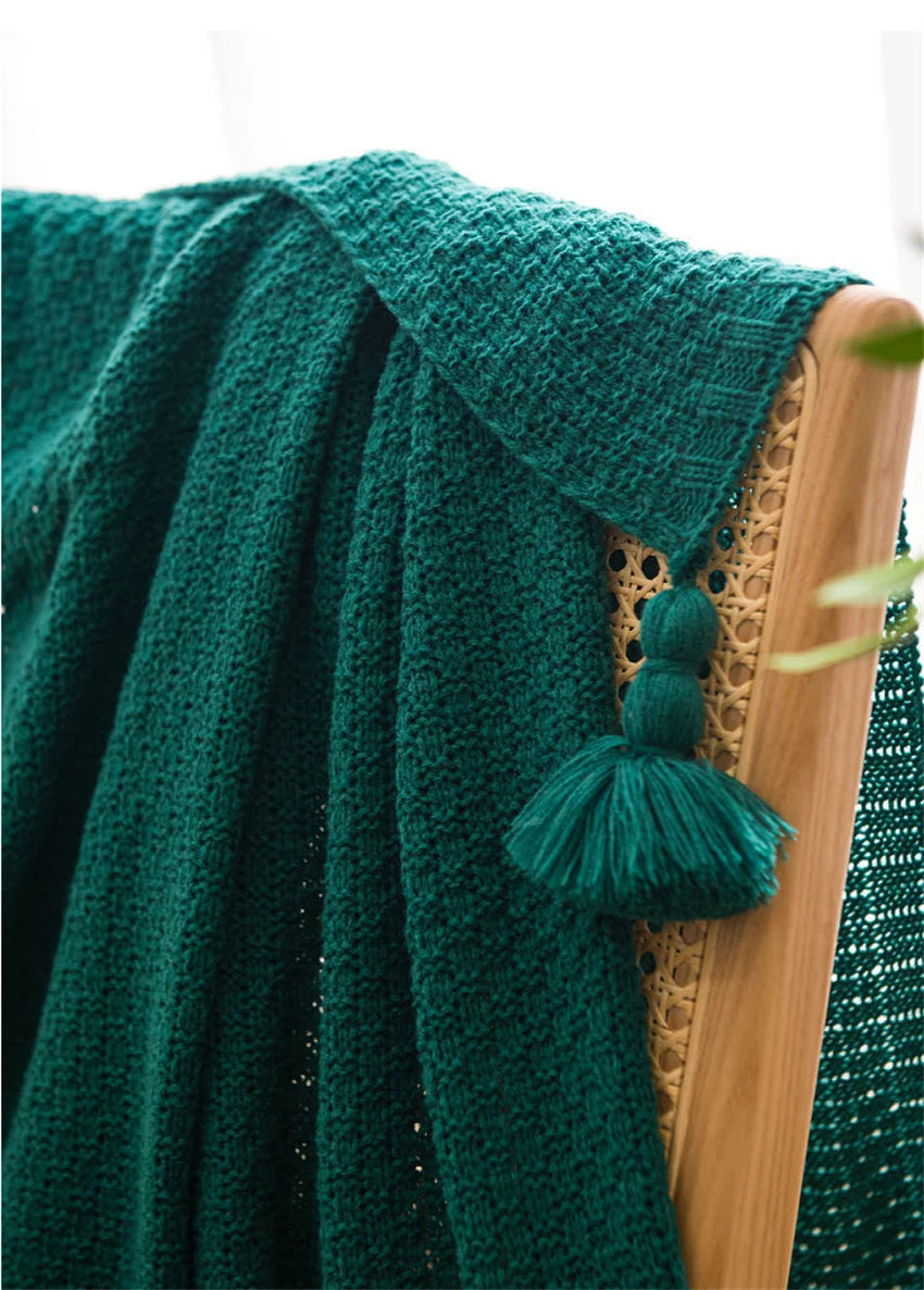 Waffle Embossed Knit Chunky Throw Blanket with Tassels