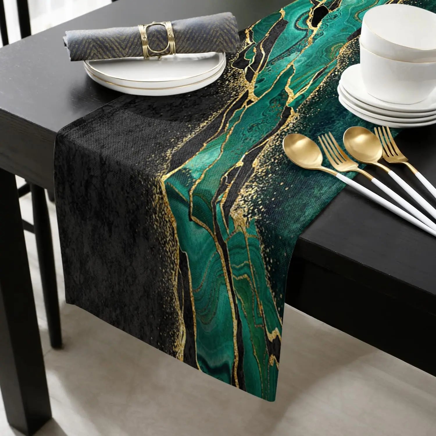 Black & Gold Marble Linen Table Runner
