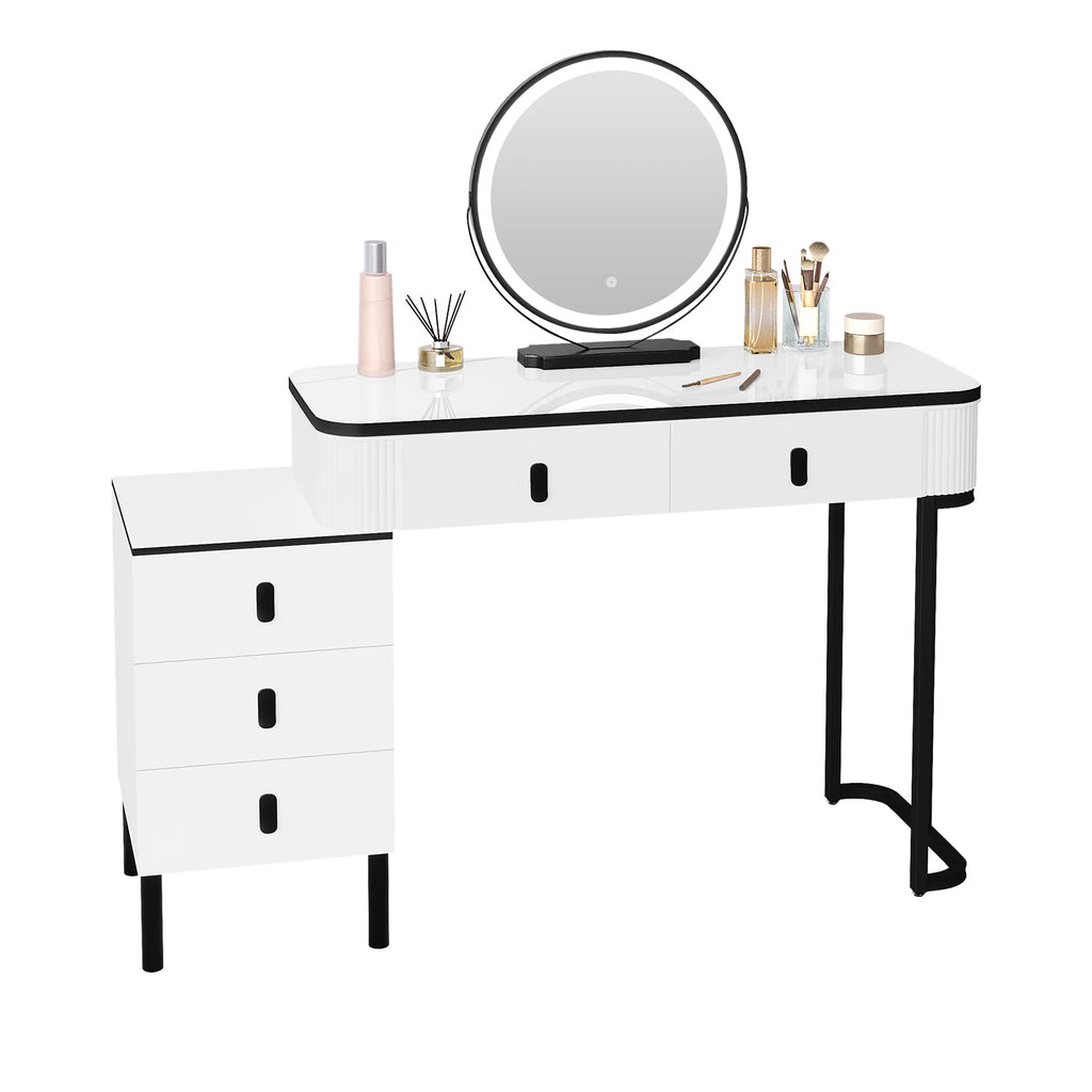 Modern white LED dressing table with a round mirror, 5 drawers, and black metal legs on a plain white background.