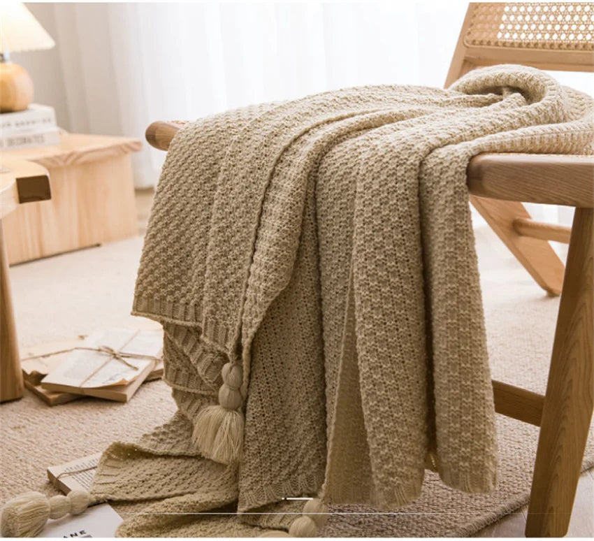Waffle Embossed Knit Chunky Throw Blanket with Tassels