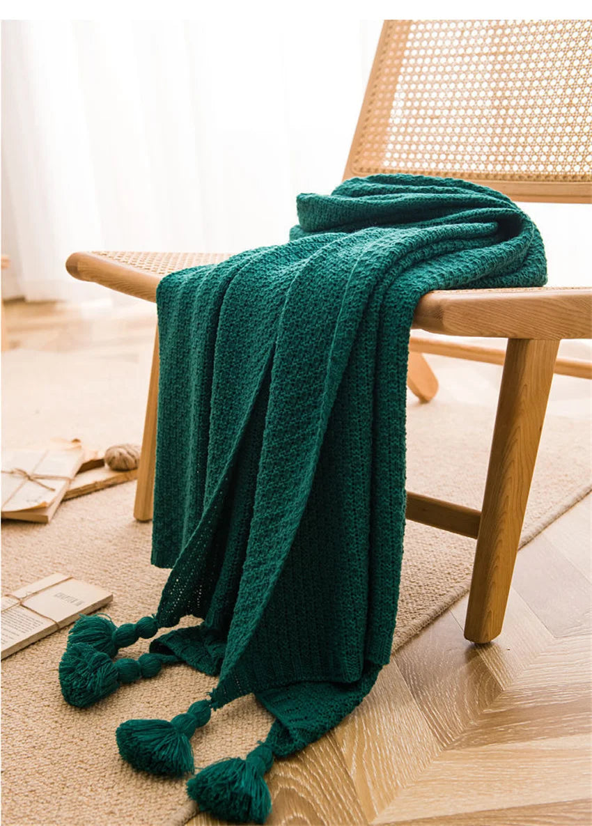 Waffle Embossed Knit Chunky Throw Blanket with Tassels