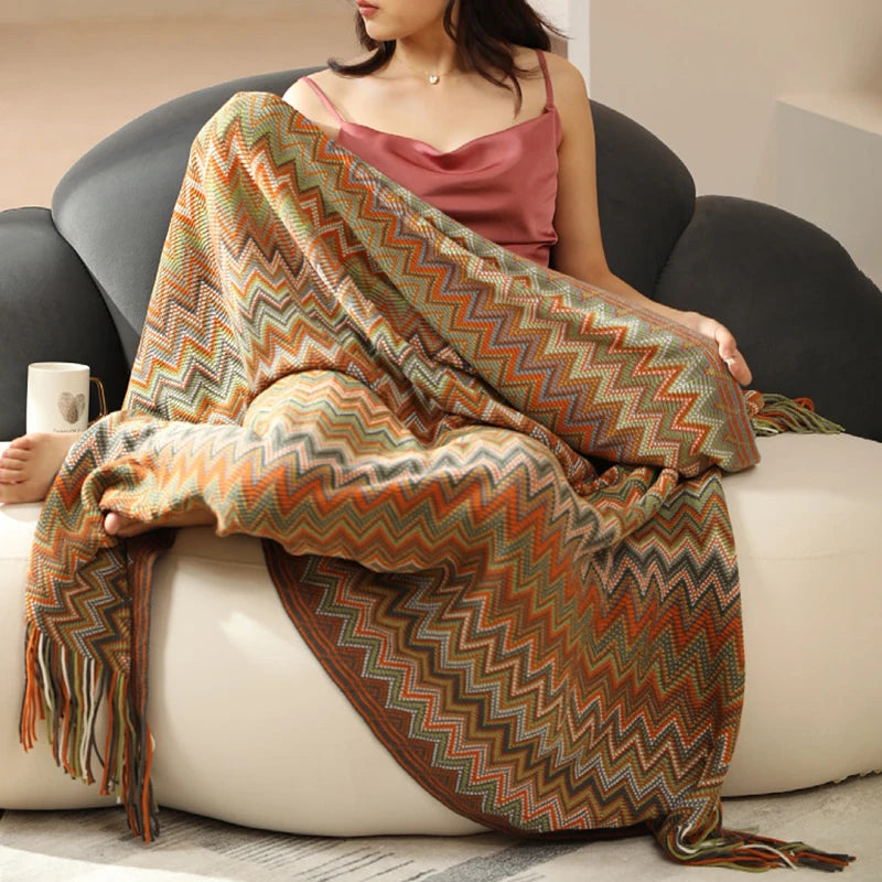 Boho Plaid Knitted Throw Blanket