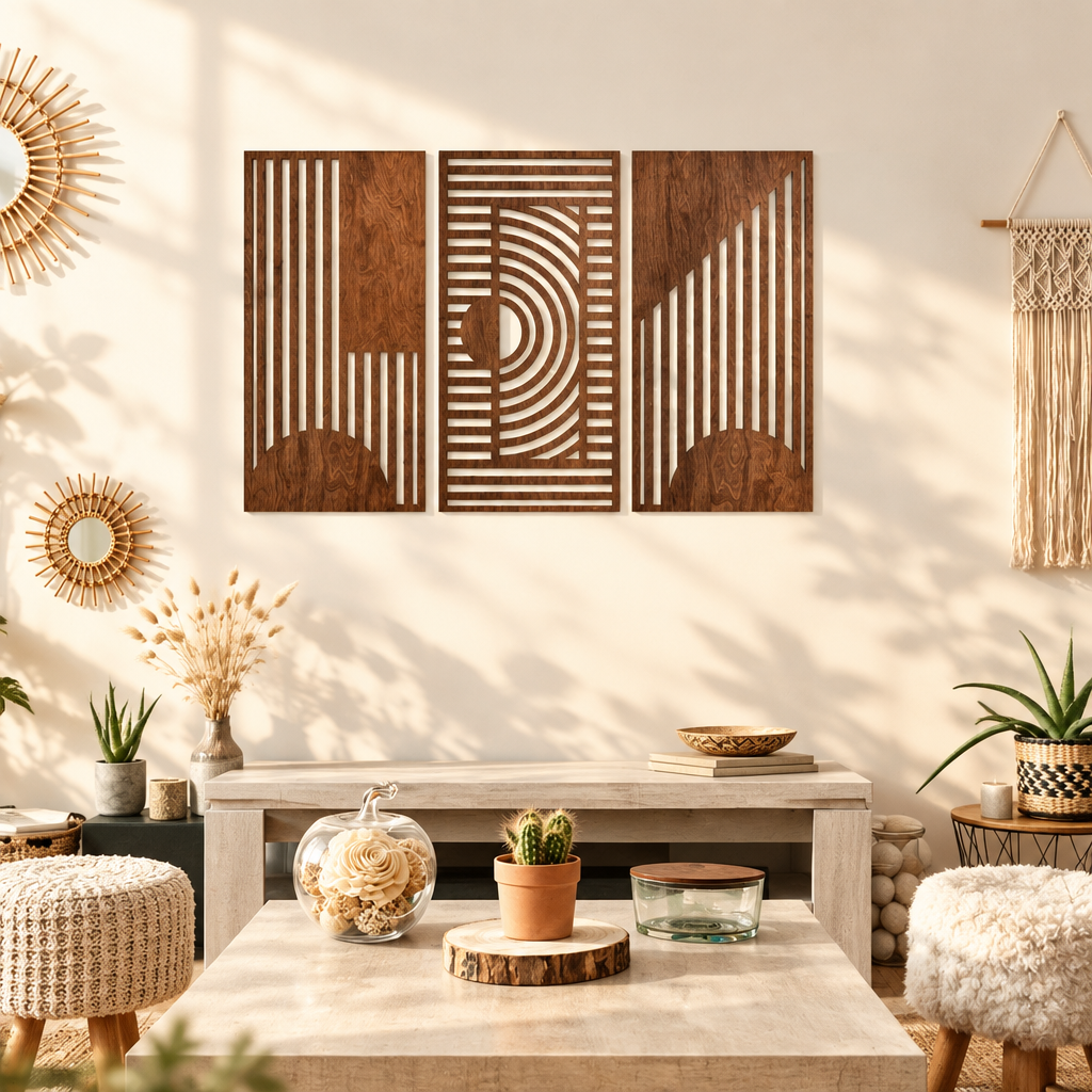 3-Piece Geometric Art Carved Wood Hanging Decor