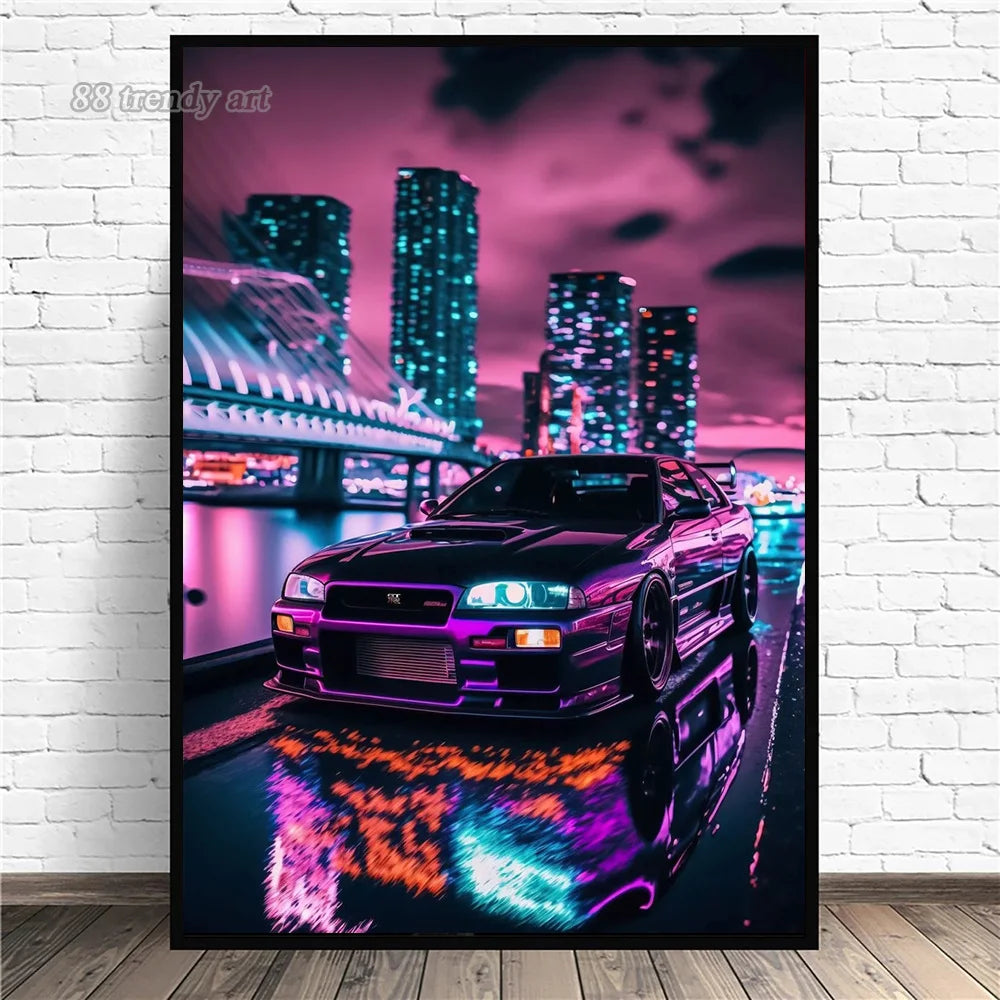Retro Car & Japanese Culture Canvas Wall Art