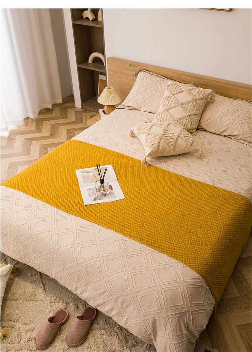 Waffle Embossed Knit Chunky Throw Blanket with Tassels