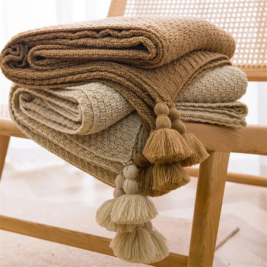 Waffle Embossed Knit Chunky Throw Blanket with Tassels