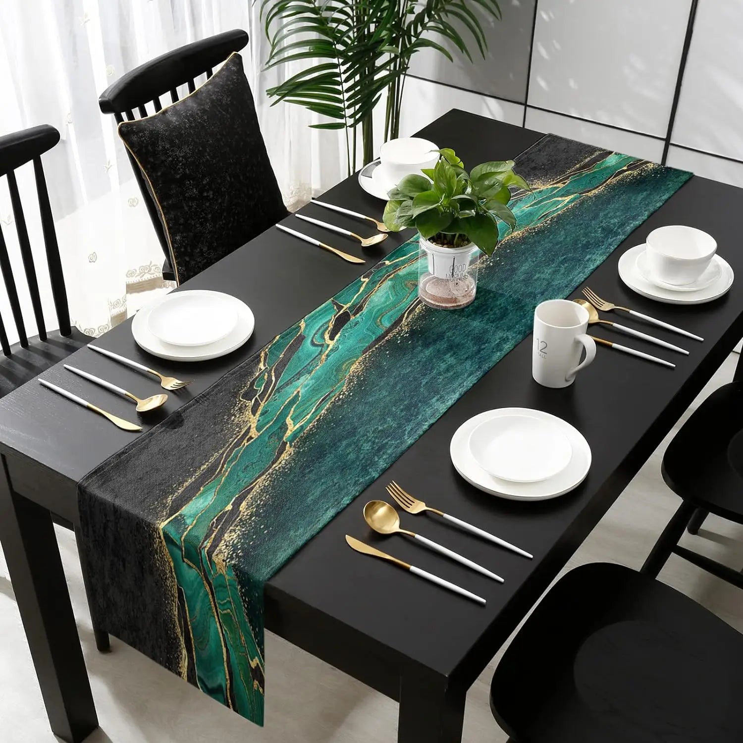 Black & Gold Marble Linen Table Runner
