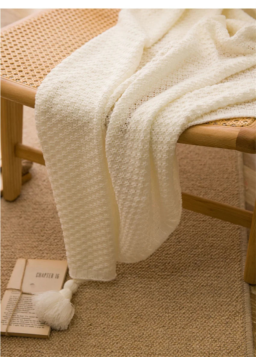Waffle Embossed Knit Chunky Throw Blanket with Tassels