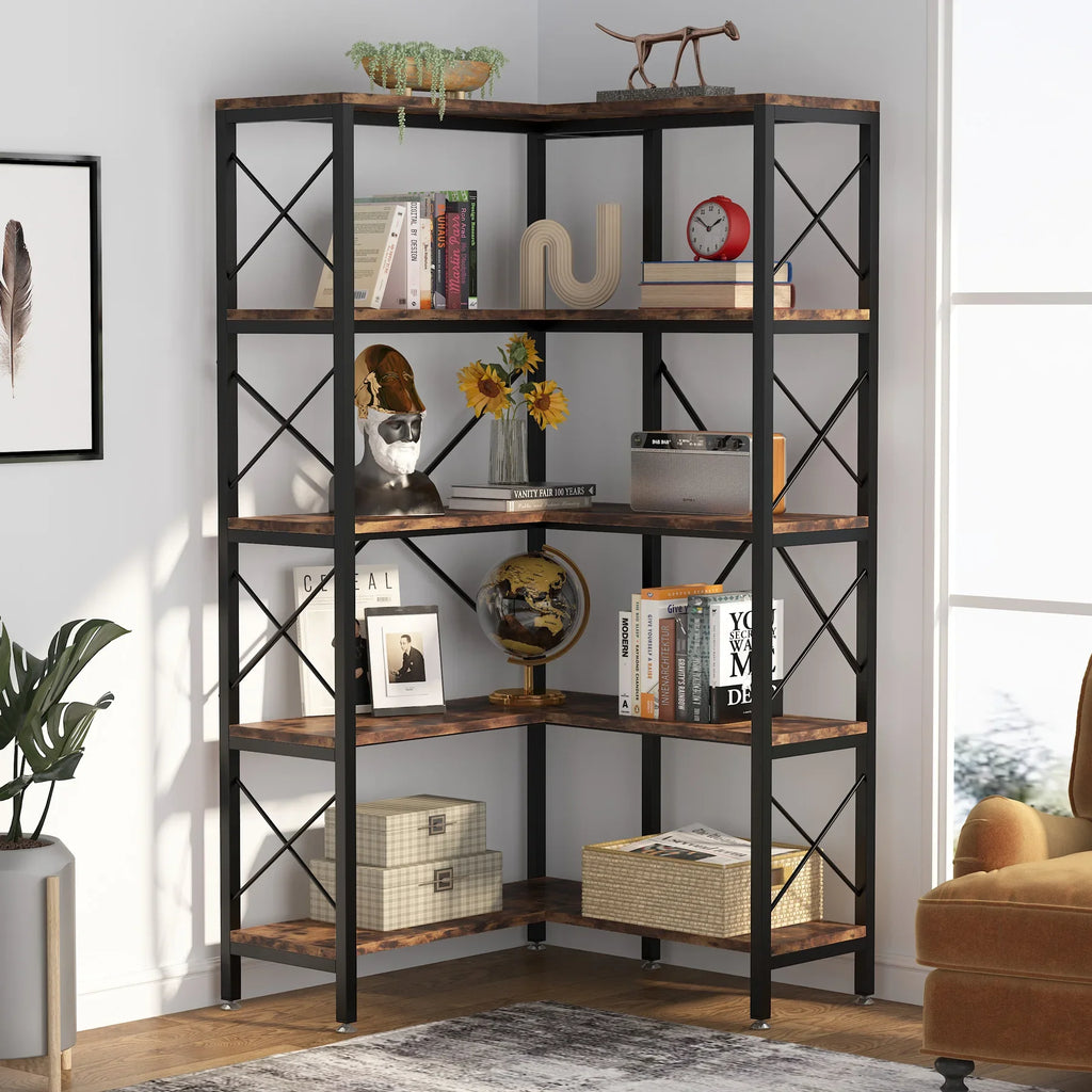 Modern Industrial 5-Tier Corner Bookcase