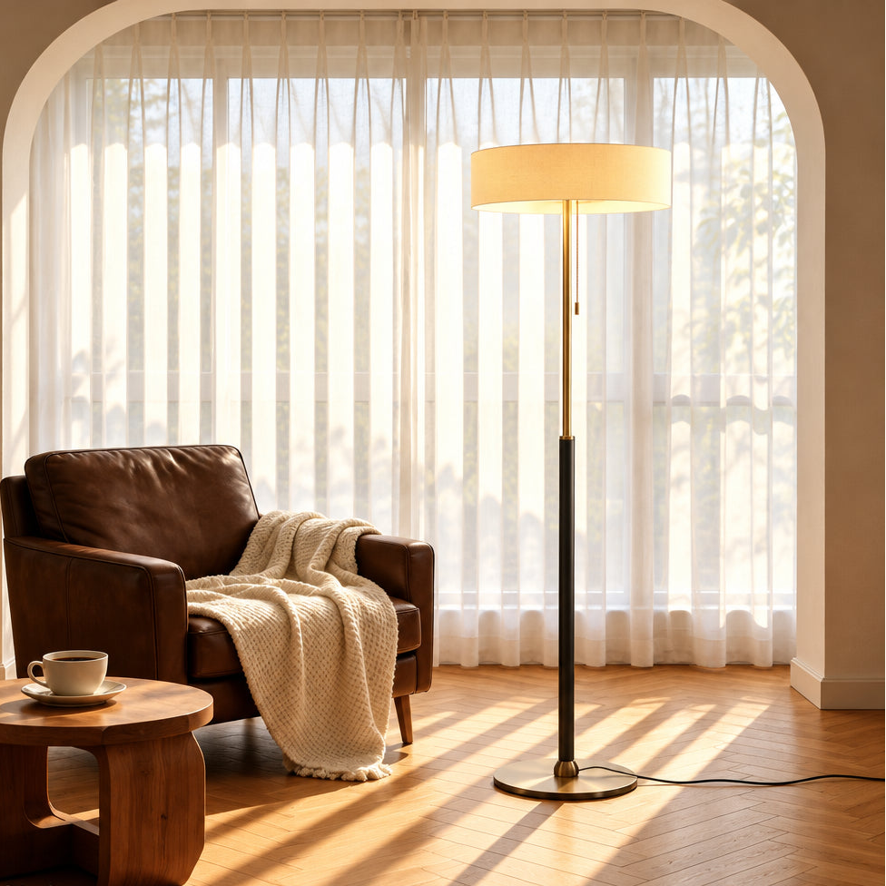 A modern floor lamp with a cylindrical cream shade and slim black pole stands in a sunlit living room beside a brown leather armchair with a beige throw blanket. White sheer curtains hang in the background, and warm sunlight casts shadows across the wood floor.