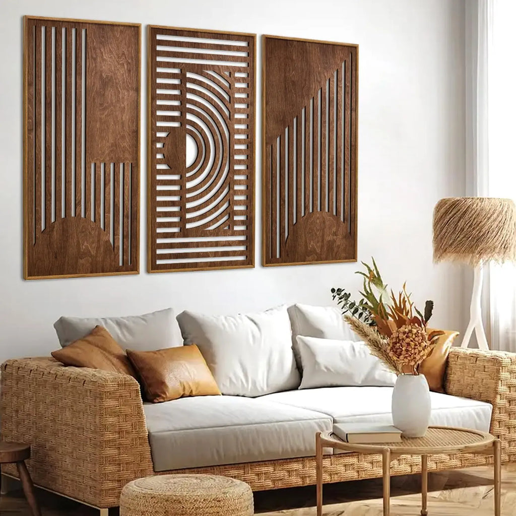 3-Piece Geometric Art Carved Wood Hanging Decor
