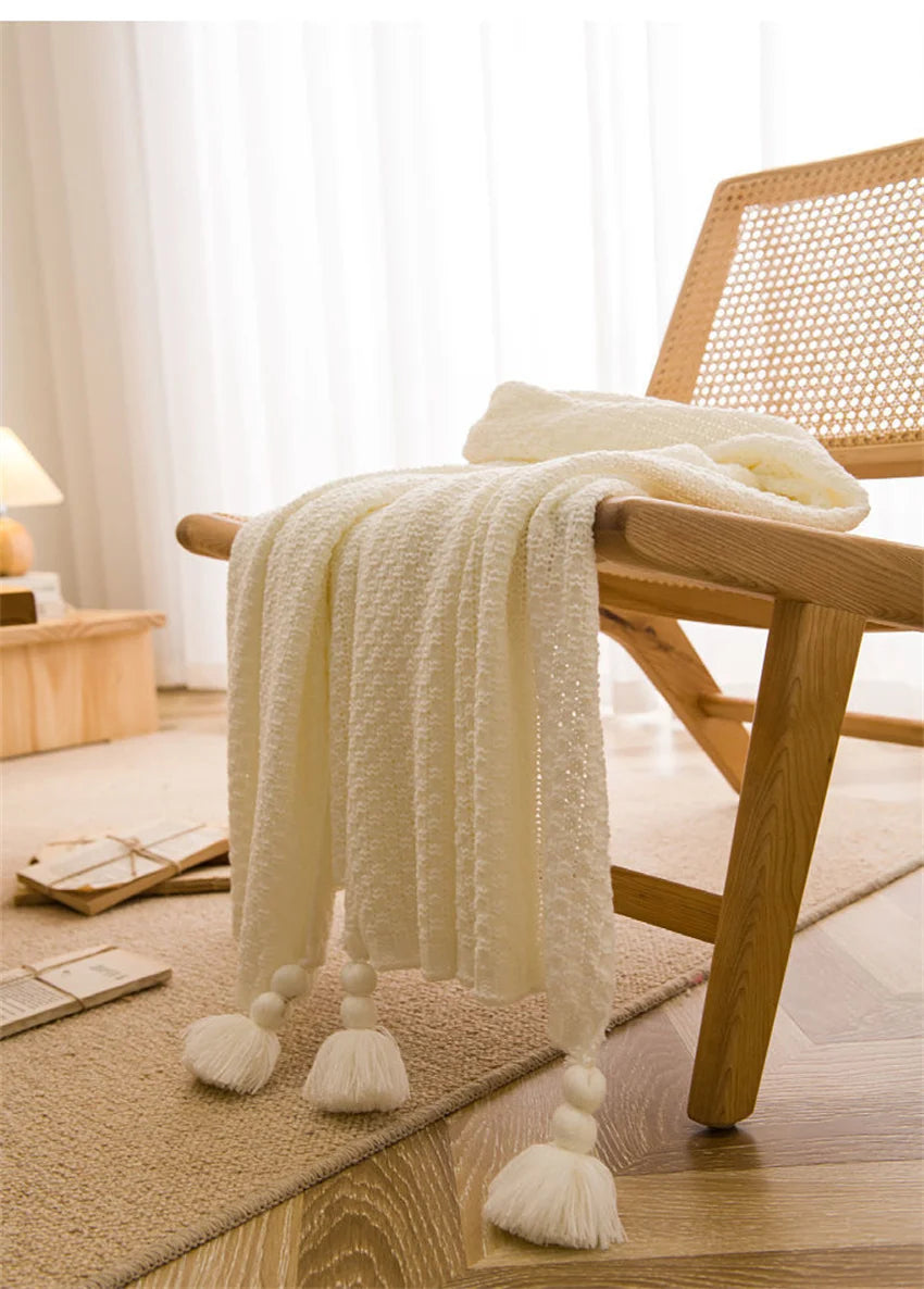 Waffle Embossed Knit Chunky Throw Blanket with Tassels