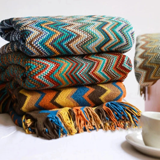 Boho Plaid Knitted Throw Blanket