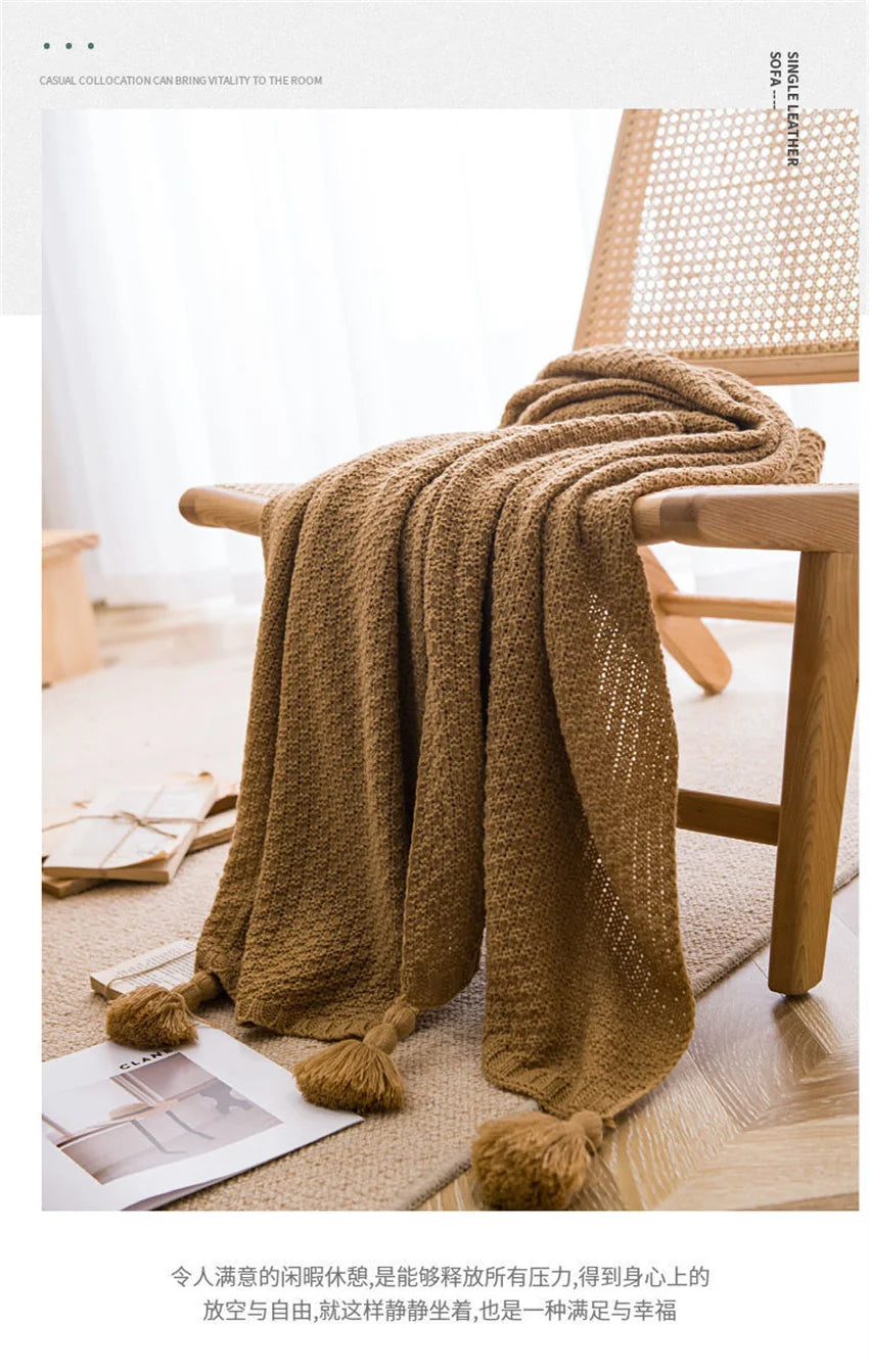 Waffle Embossed Knit Chunky Throw Blanket with Tassels