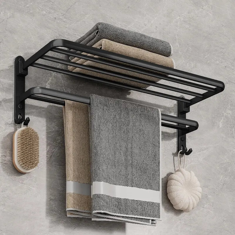 Matte Black Folding Towel Holder With Hooks [50cm]