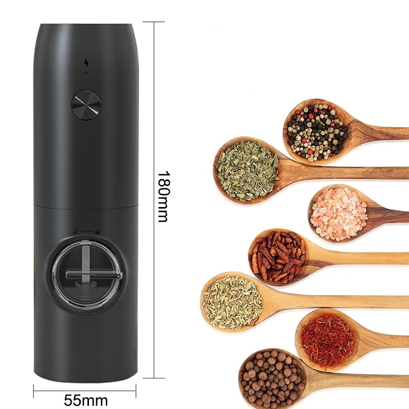 Black electric pepper grinder with measurements and images of spices on wooden spoons.