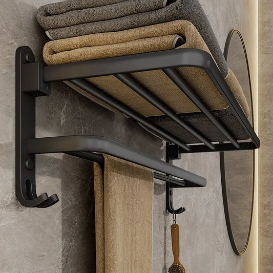 Matte Black Folding Towel Holder With Hooks [50cm]