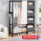 Clothing rack with clothes and shoes in a room setting, with a British flag icon indicating fast dispatch and quick delivery.