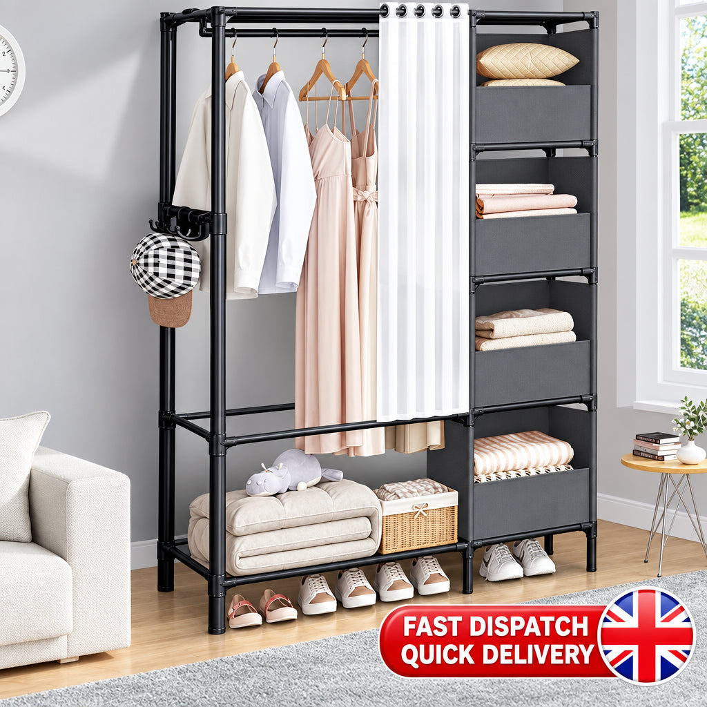 Clothing rack with clothes and shoes in a room setting, with a British flag icon indicating fast dispatch and quick delivery.