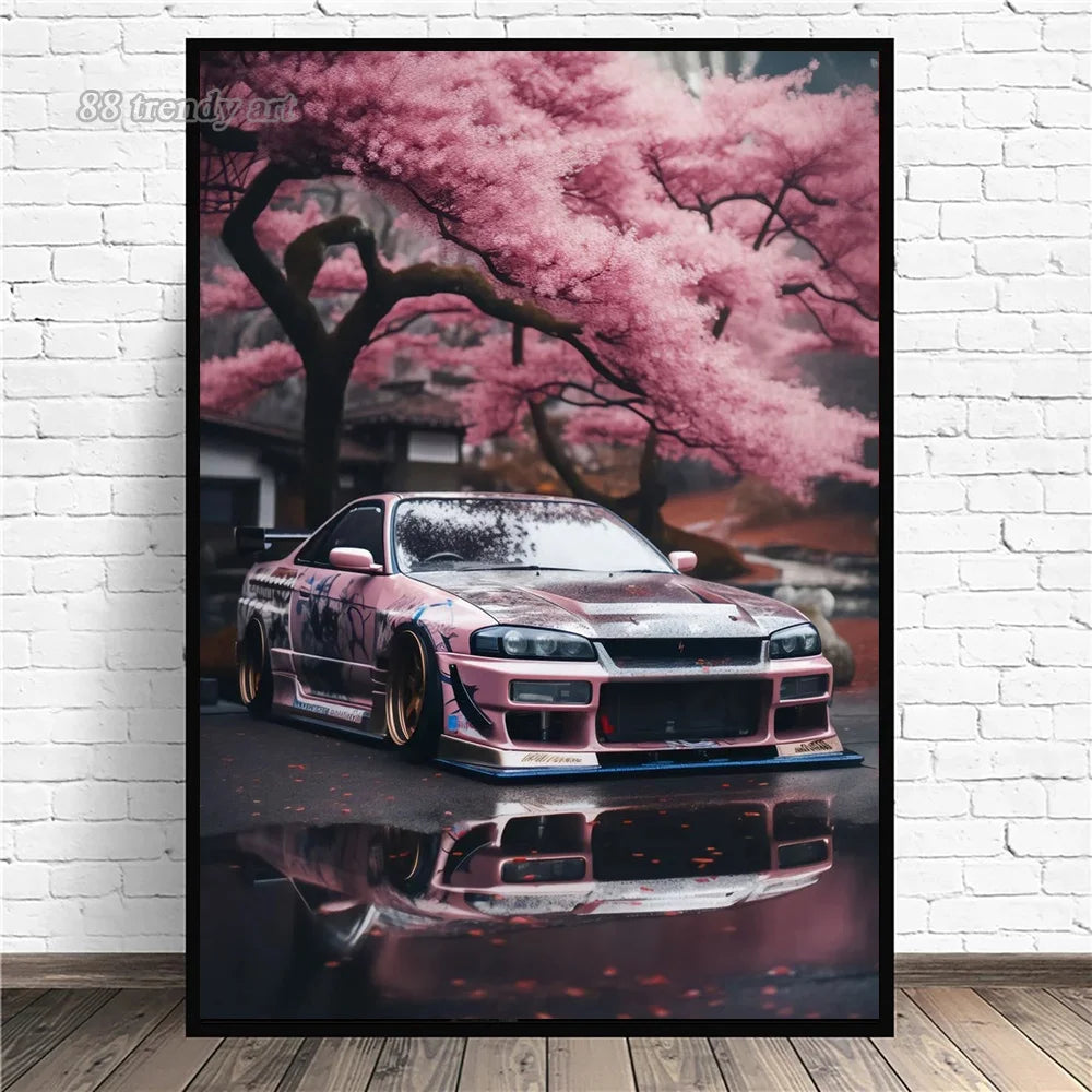 Retro Car & Japanese Culture Canvas Wall Art
